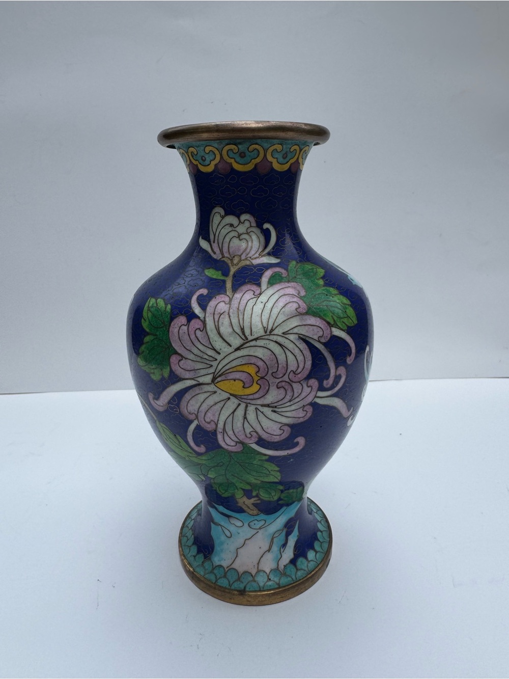Vintage Blue Cloisonné Floral Enamel Vase
